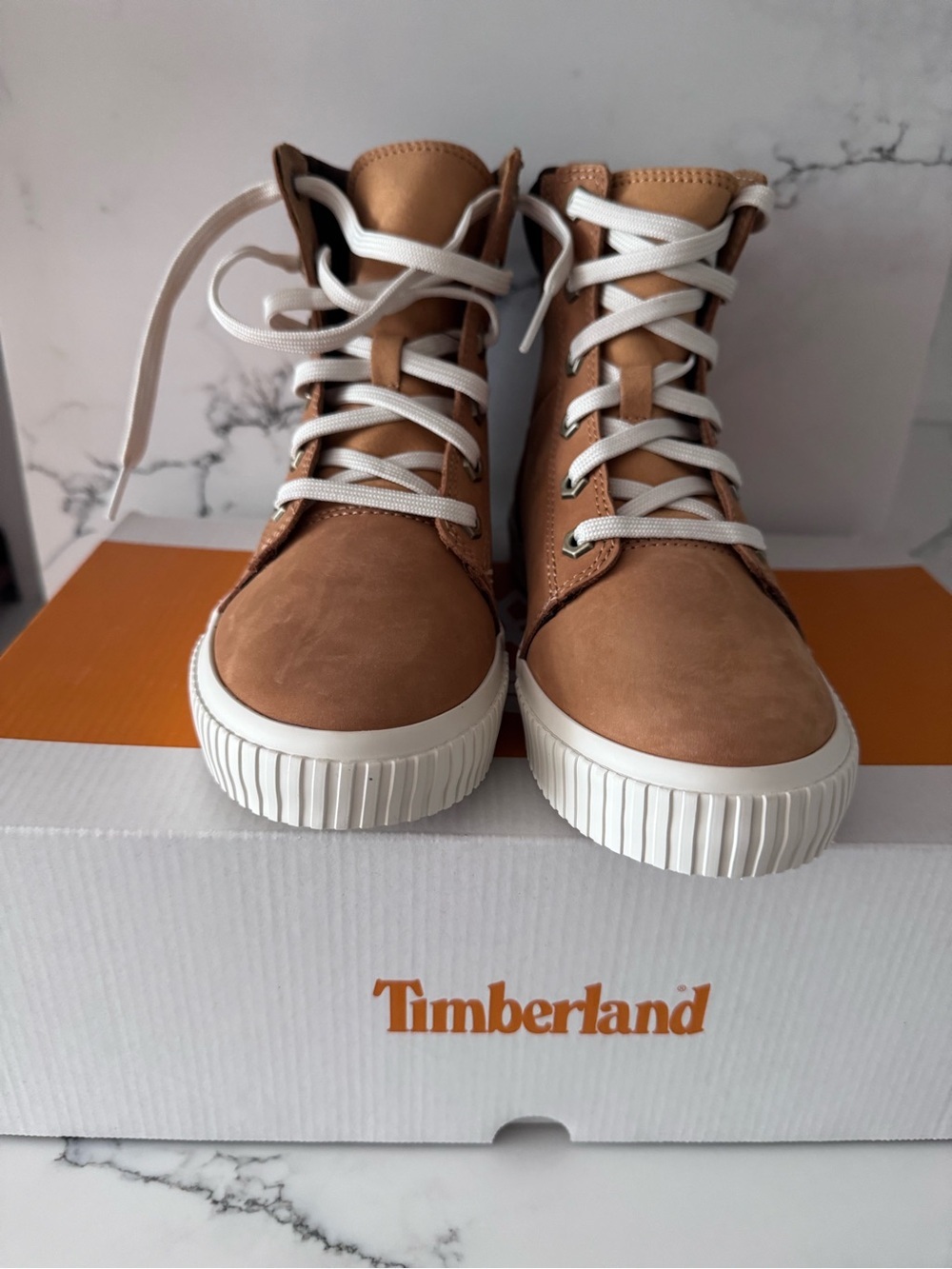 Timberland Tan Leather High-Top Sneakers with White Soles and Laces